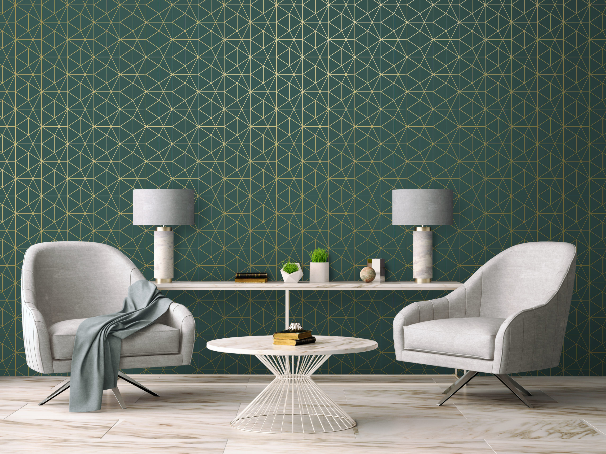 Metro Prism Geometric Triangle Wallpaper - Emerald Green and Gold - WOW037